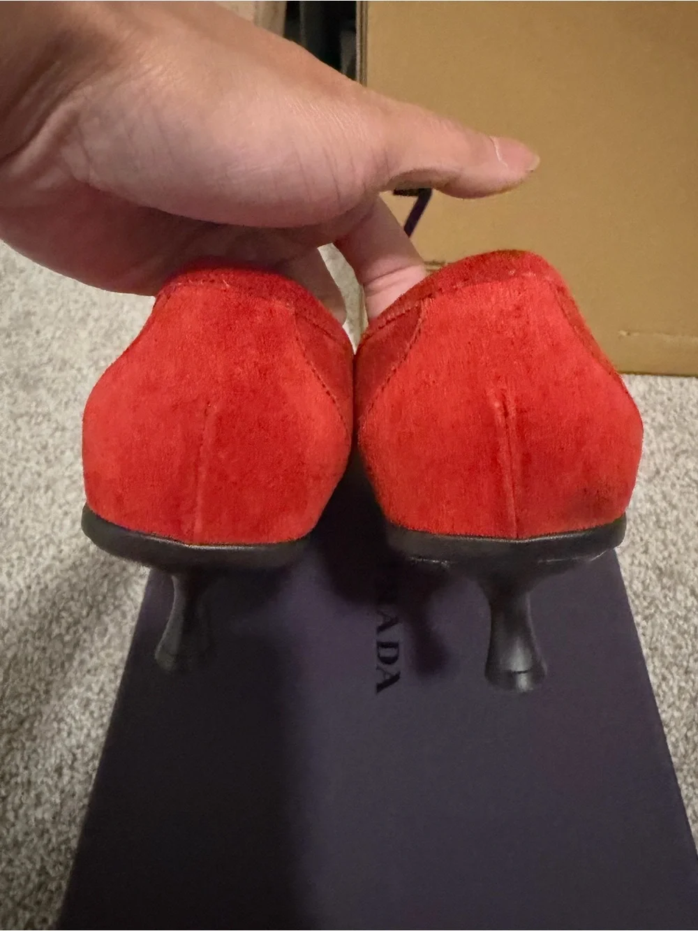 “Authentic” Prada Red Suede Loafers size35 kittenheel